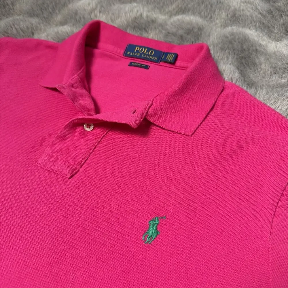 Polo Ralph Lauren Classic-Fit Mesh Polo Shirt Hot Pink Size Large Green Pony